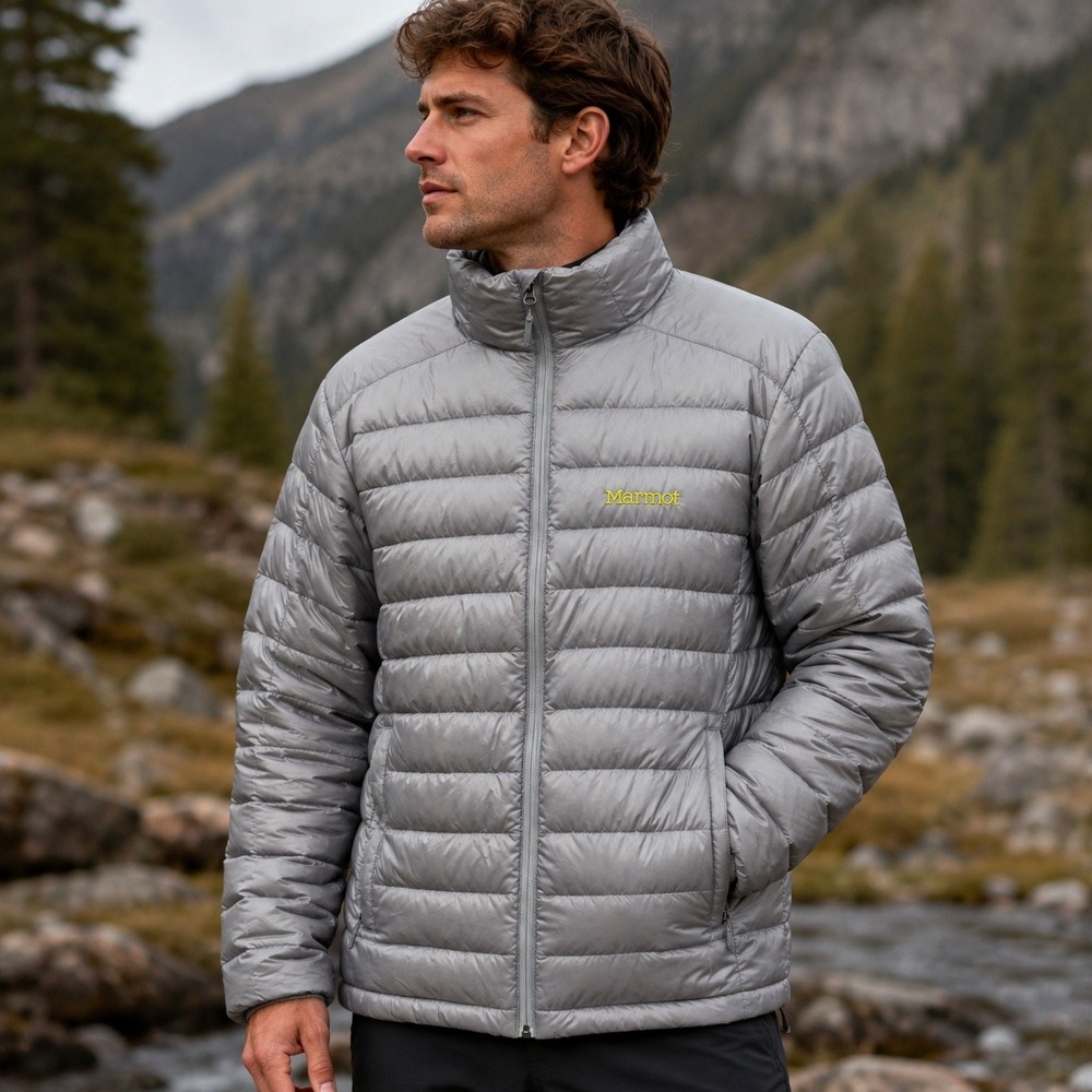 Marmot Azos Down Jacket Mens Medium Grey Excellent 700-Fill Puffer Pockets